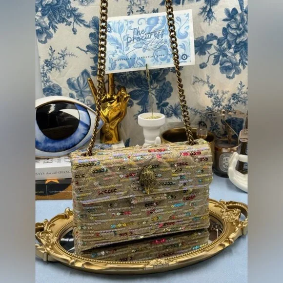 🆕 KURT GEIGER LONDON 🧿 NWOT Lurex Medium Kensington, Gold Rainbow Sequins - Picture 2 of 13